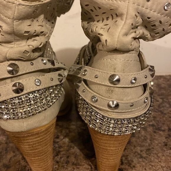 Tan Bling Chunky Heel Slouch Boots sz 10 - Picture 5 of 8